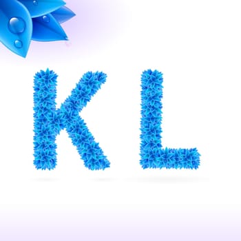 Sans serif font with blue leaf decoration on white background. K and L letters