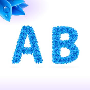 Sans serif font with blue leaf decoration on white background. A and B letters