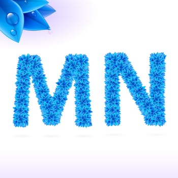 Sans serif font with blue leaf decoration on white background. M and N letters