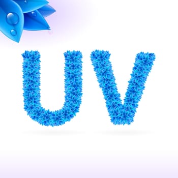 Sans serif font with blue leaf decoration on white background. U and V letters