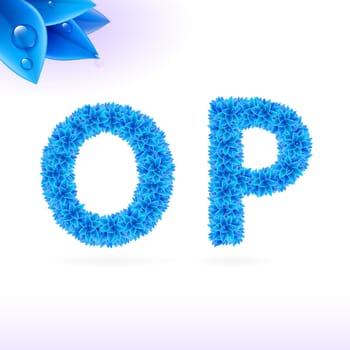 Sans serif font with blue leaf decoration on white background. O and P letters