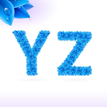 Sans serif font with blue leaf decoration on white background. Y and Z letters