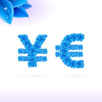 Sans serif font with blue leaf decoration on white background. Yen and euro signs