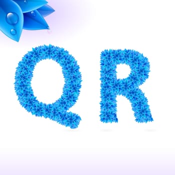 Sans serif font with blue leaf decoration on white background. Q and R letters
