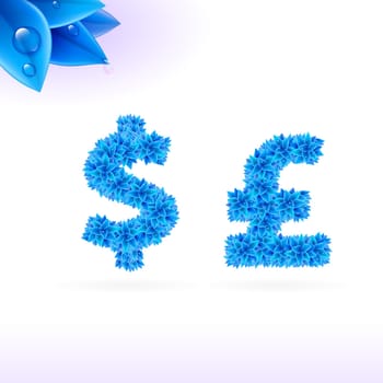 Sans serif font with blue leaf decoration on white background. Dollar and pound sterling signs