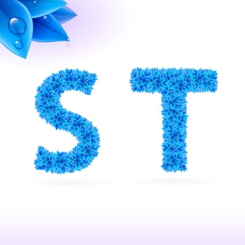 Sans serif font with blue leaf decoration on white background. S and T letters