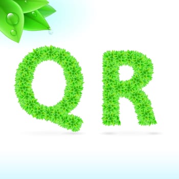 Sans serif font with green leaf decoration on white background. Q and R letters