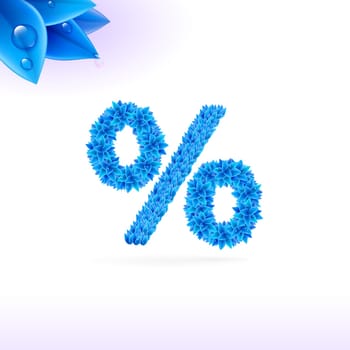 Sans serif font with blue leaf decoration on white background. Per cent sign