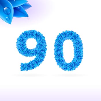 Sans serif font with blue leaf decoration on white background. 9 and 0 numerals