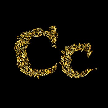Richly decorated letter 'c' in upper and lower case on black background.