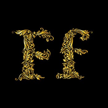 Richly decorated letter 'f' in upper and lower case on black background.