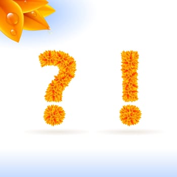 Sans serif font with autumn leaf decoration on white background. Question and exclamation marks