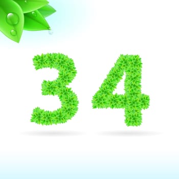 Sans serif font with green leaf decoration on white background. 3 and 4 numerals