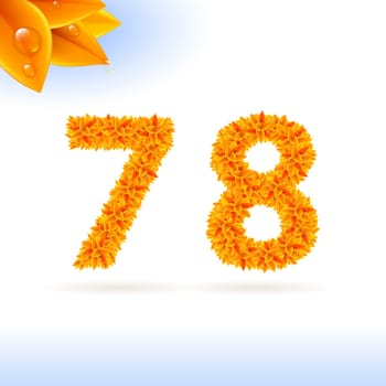 Sans serif font with autumn leaf decoration on white background. 7 and 8 numerals