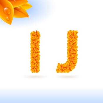 Sans serif font with orange leaf decoration on white background. I and J letters