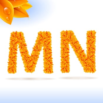 Sans serif font with orange leaf decoration on white background. M and N letters