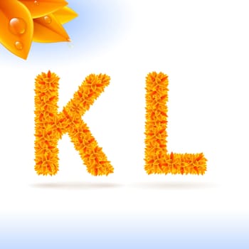 Sans serif font with orange leaf decoration on white background. K and L letters