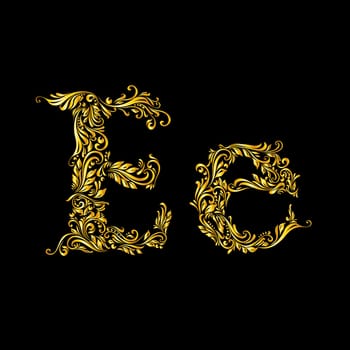 Richly decorated letter 'e' in upper and lower case on black background.
