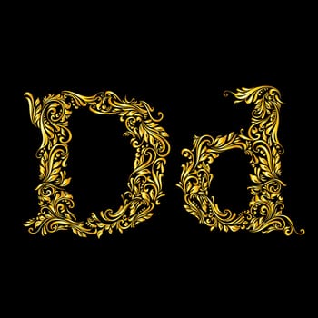 Richly decorated letter 'd' in upper and lower case on black background.