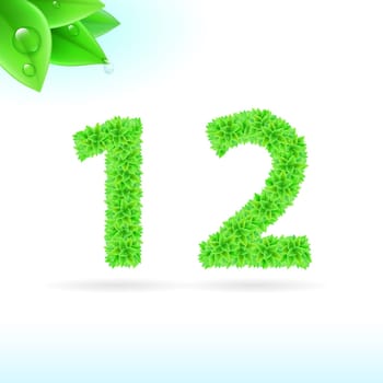 Sans serif font with green leaf decoration on white background. 1 and 2 numerals