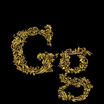 Richly decorated letter 'g' in upper and lower case on black background.