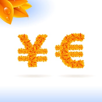Sans serif font with autumn leaf decoration on white background. Yen and euro sign