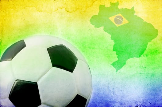 Vintage photo of soccer ball, Brazil map and the colors of the Brazil flag