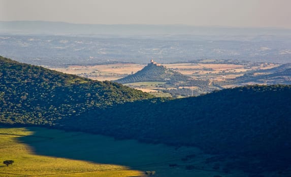 Alconchel castle from Alor mountains, Extremadura, Spain