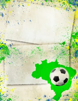 Vintage photo of soccer ball, Brazil map and the colors of the Brazil flag