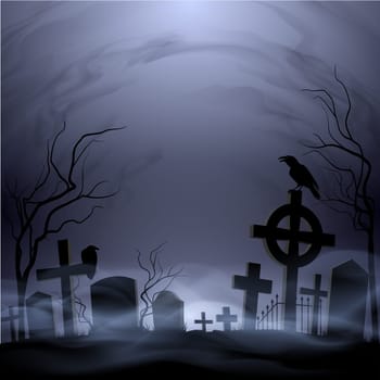Night cemetery. Headstones and crosses. Clouds and fog.
