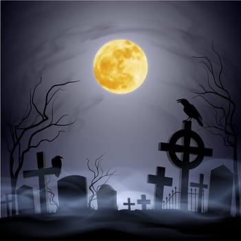 Graveyard at the night. Yellow moon. Headstone. Fog.