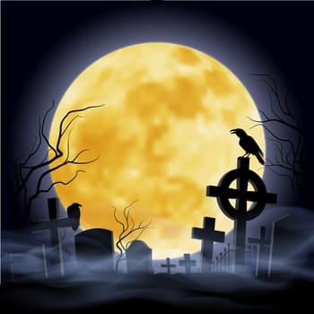 Cemetry at the night. Yellow moon. Headstone.