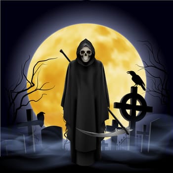 Ghost with a scythe on the graveyard. Night.
