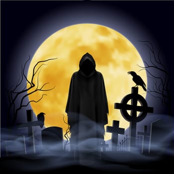 The black ghost on the cemetery. Moon on the background.