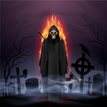 Ghost in fire with a scythe in the night.