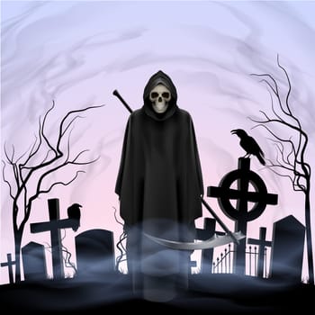 Ghost with a  scythe on the graveyard.