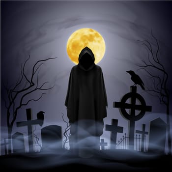 The black ghost on the cemetery. Yellow moon.
