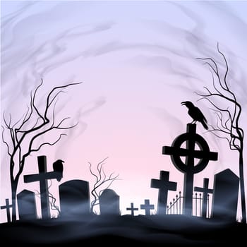 Dawn on the graveyard. Fog and clouds. Birds.