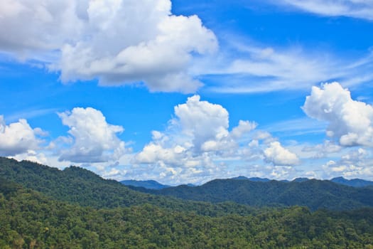 beautiful green mountains and blue sky on background
