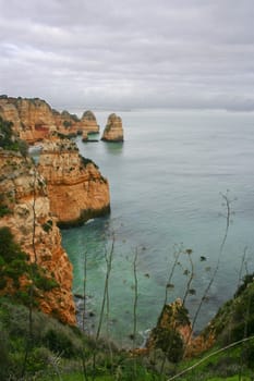 Winter seashore landscape at Lagos, Algarve, Portugal. Stormy day