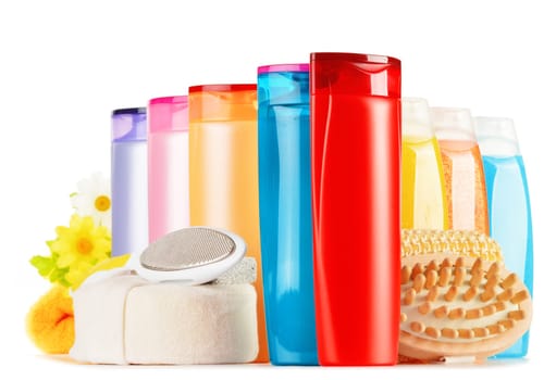 Composition with plastic bottles of body care and beauty products