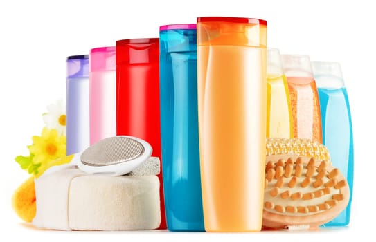 Composition with plastic bottles of body care and beauty products