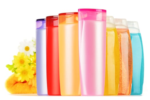 Composition with plastic bottles of body care and beauty products