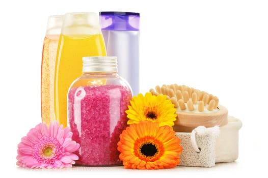 Composition with plastic bottles of body care and beauty products