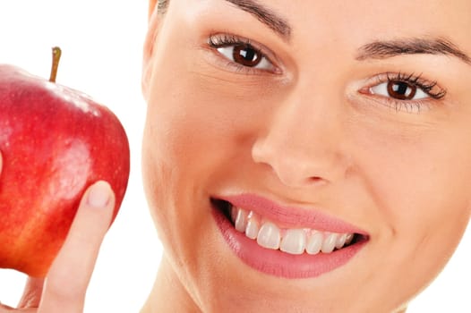 Portrait of young woman holding apple isolated on white
