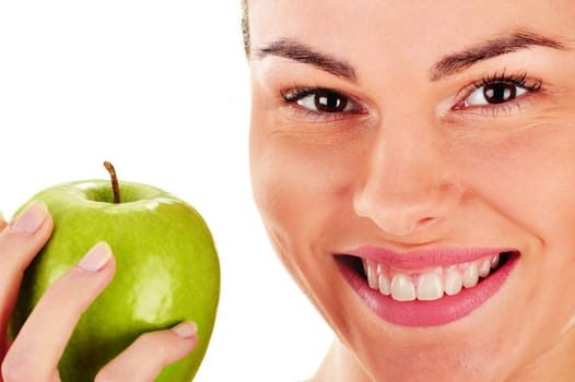 Portrait of young woman holding apple isolated on white