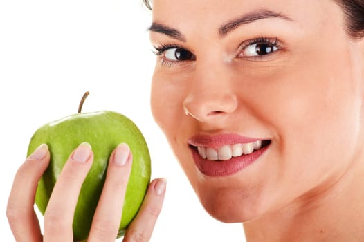 Portrait of young woman holding apple isolated on white