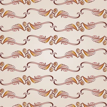 Seamless pattern with ornate floral elements in brown, pastel rose pink and yellow shades