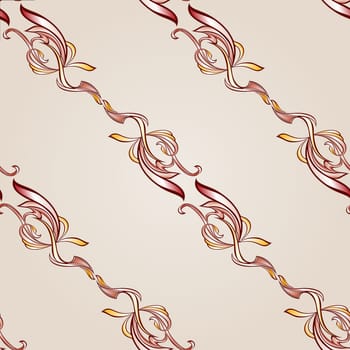 Seamless pattern with diagonal floral elements in burgundy, pink and yellow shades on pastel rose pink background