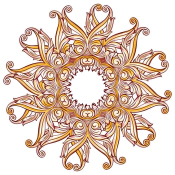 Ornate floral pattern in pastel rose pink and yellow shades on white background